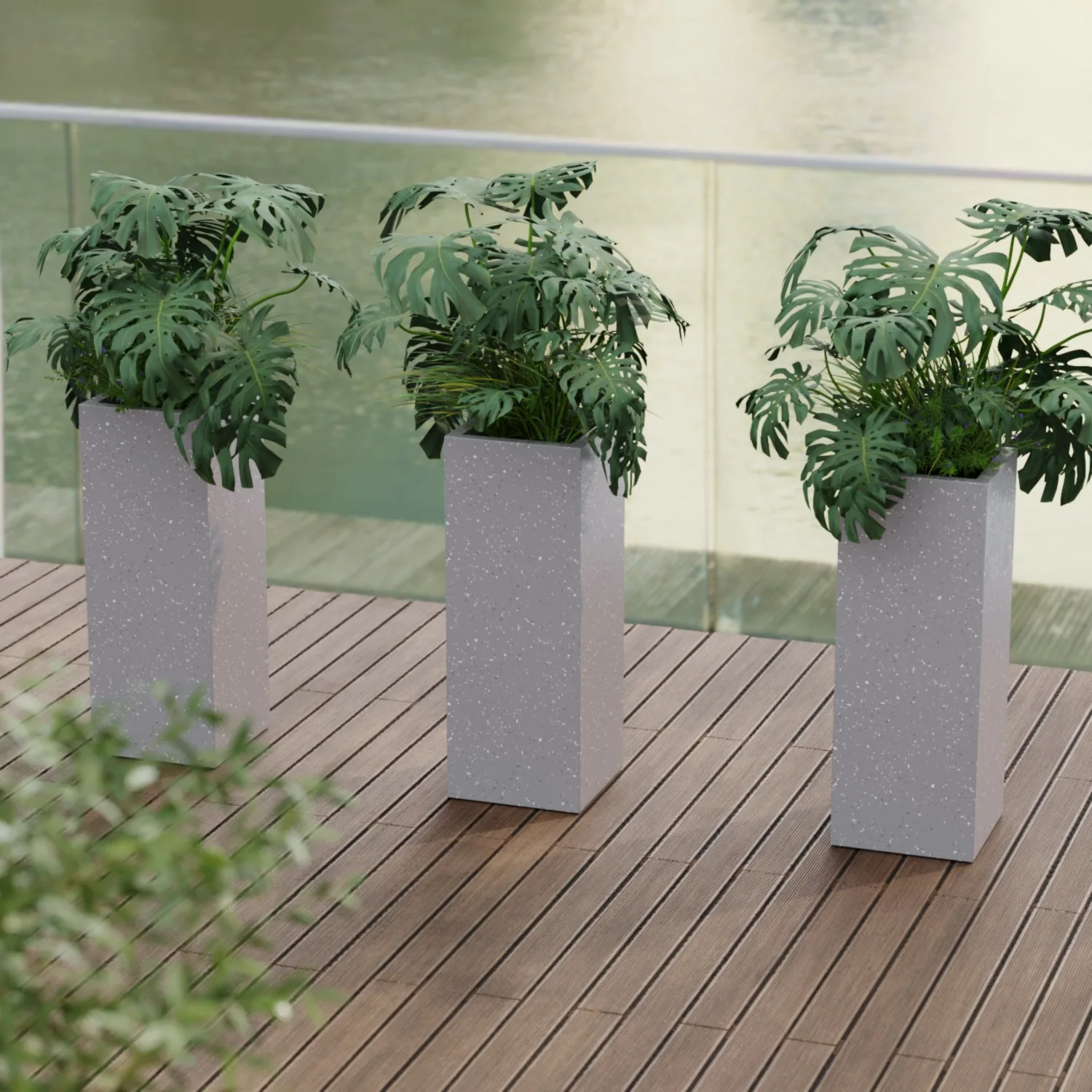 Vertical floor planter 30x30x80 made of fiberglass light gray terrazzo