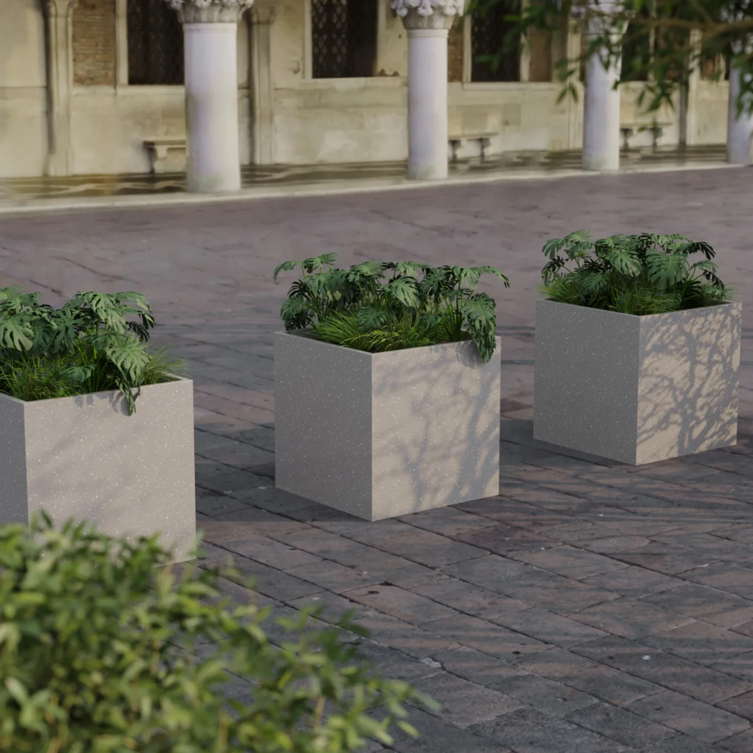Square Floor Planter Fiberglass 80x80x80 Light Gray Terrazzo