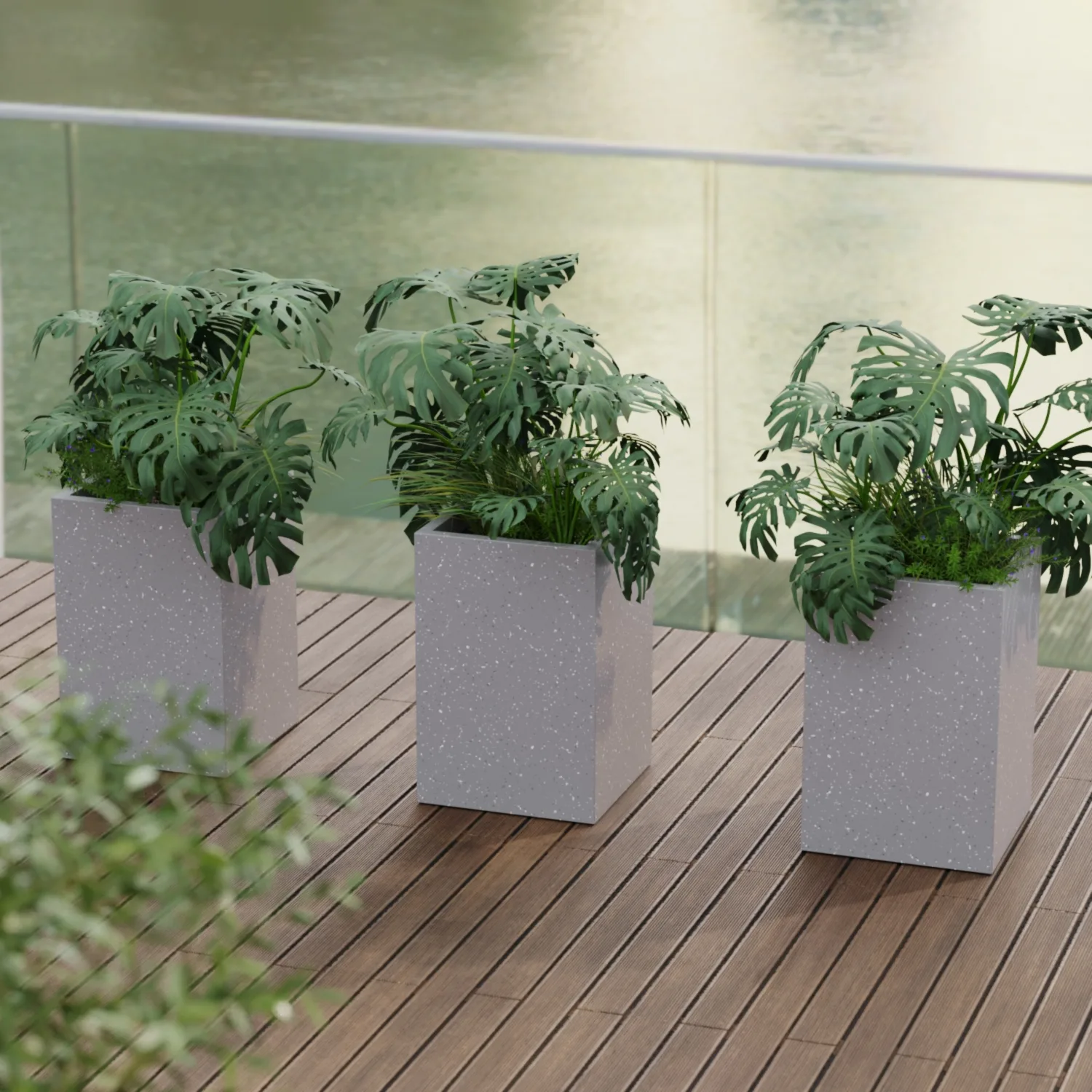 Vertical Floor Pot 40x40x60 Made of Fiberglass – Light Grey Terrazzo