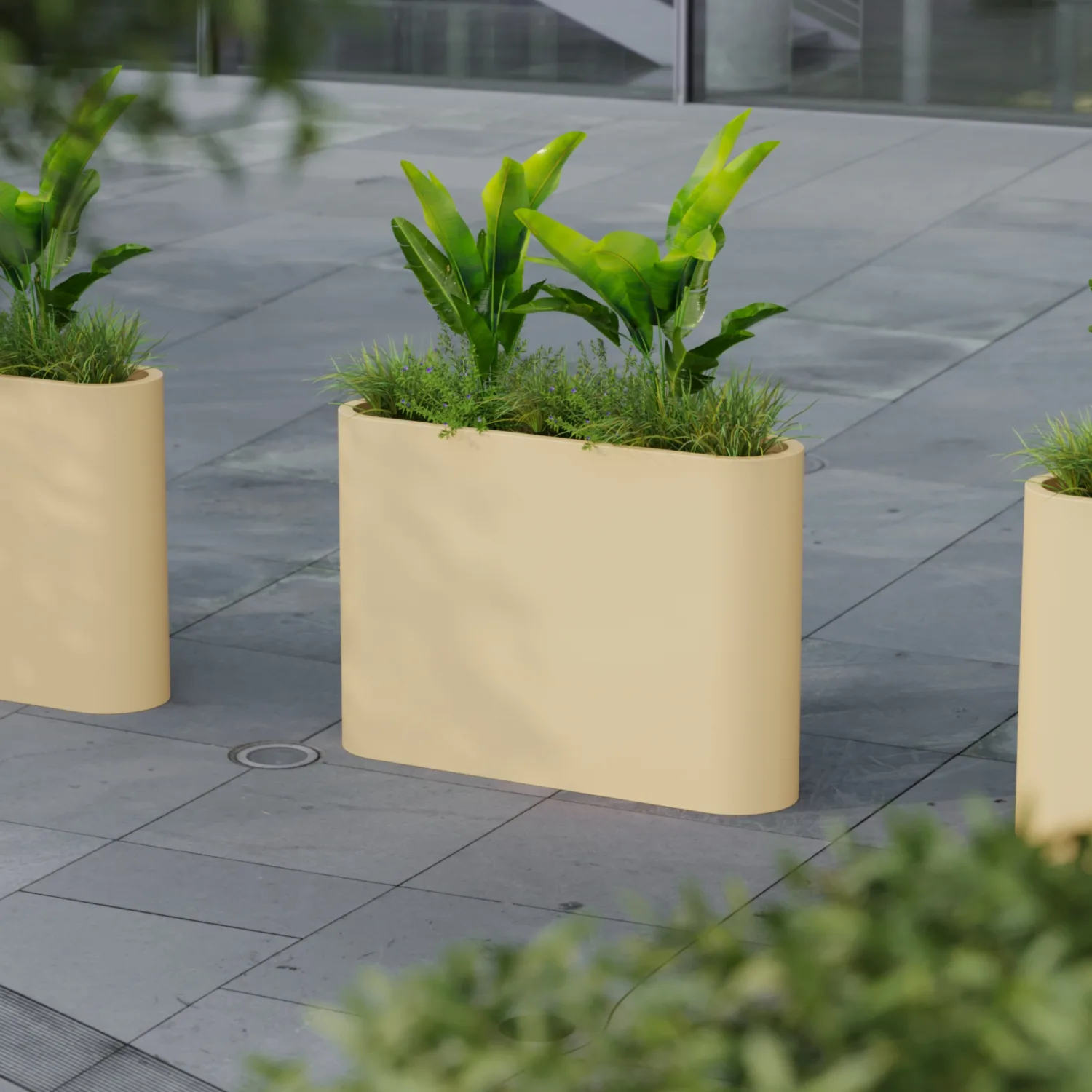 Radial Rectangular Floor Planter Fiberglass 25x100x70 Ivory