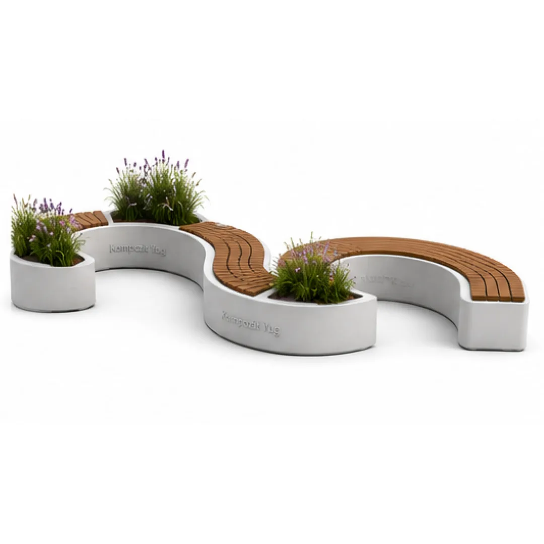 Modular Bench with Side Planters Made of Fiberglass